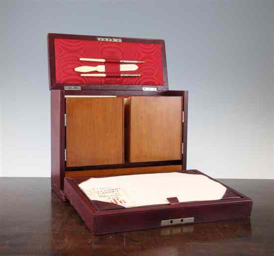 Appraisal: An early th century mahogany and morocco leather stationery box