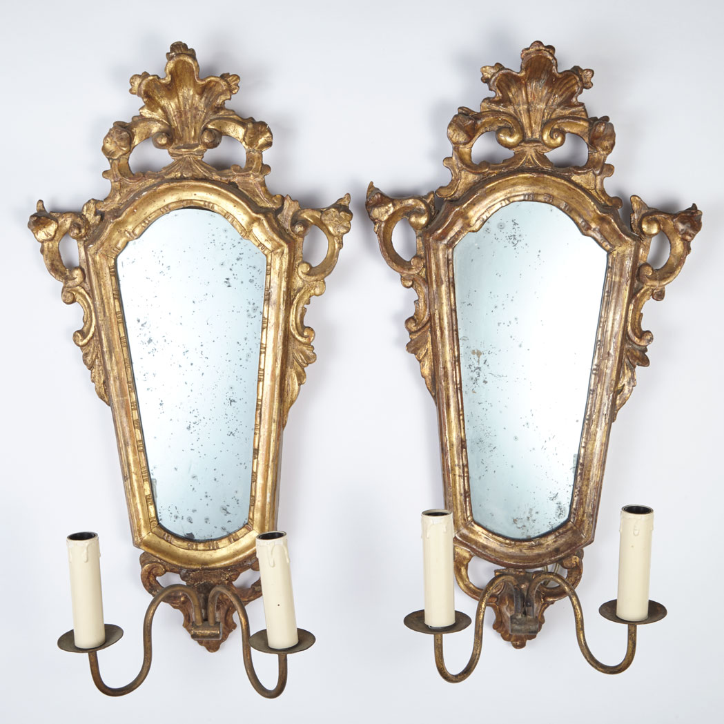 Appraisal: Assembled Pair of Venetian Rococo Giltwood Two-Light Wall Lights Each