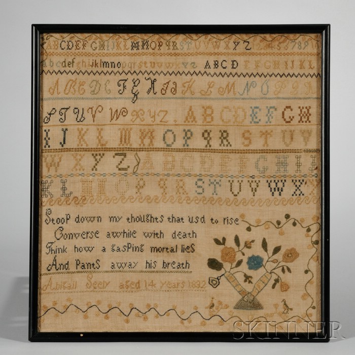 Appraisal: Framed Abigail Seely Needlework Sampler sight size x in