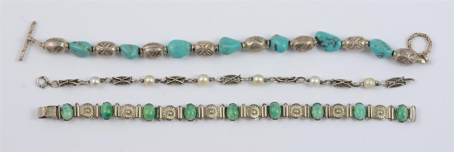 Appraisal: Silver Bracelets with Pearls Agate and Turquoise longest - total