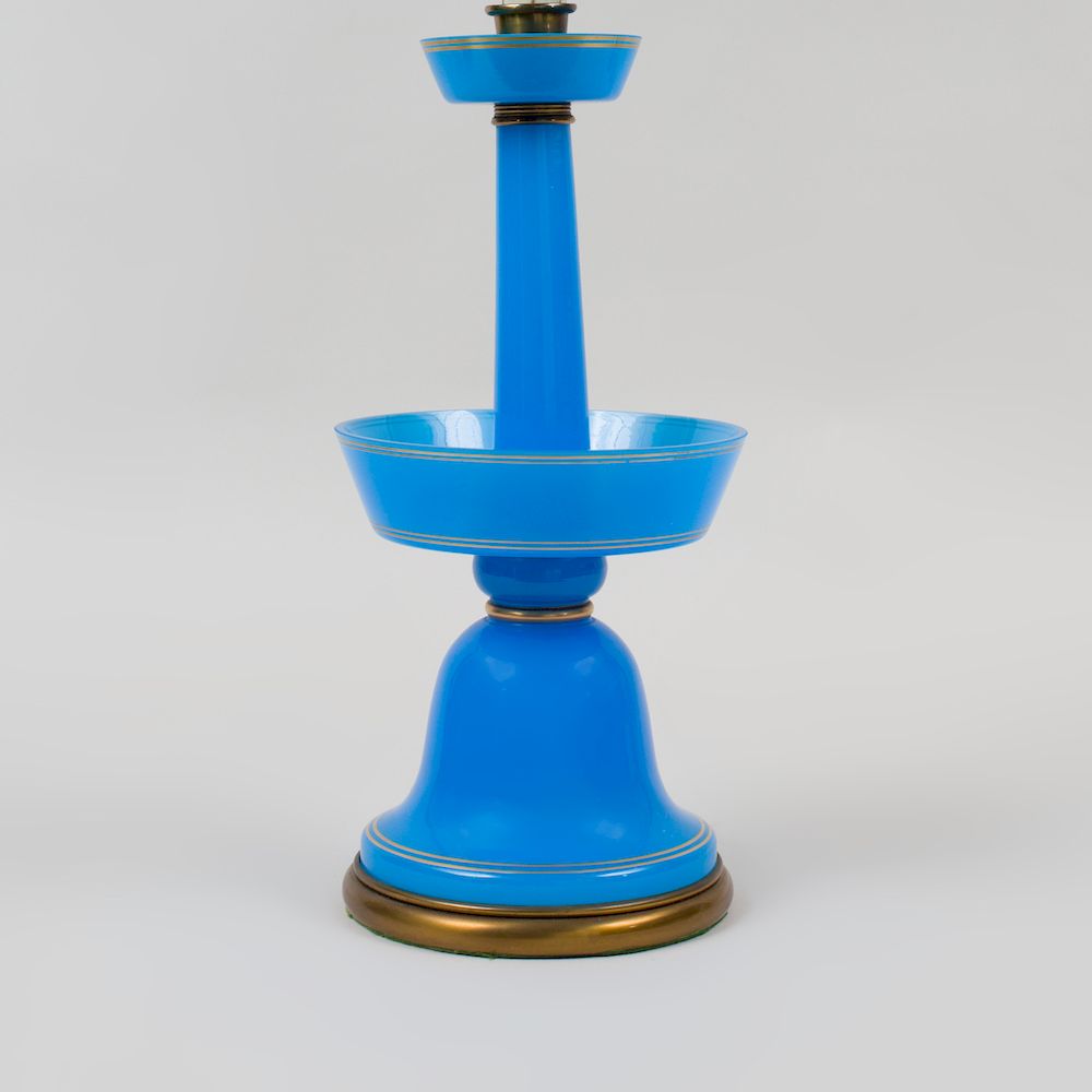 Appraisal: French Gilt-Decorated Blue Opaline Glass Candlestick Mounted as a Lamp