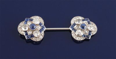 Appraisal: An Art Deco sapphire and diamond jabot pin Each terminal