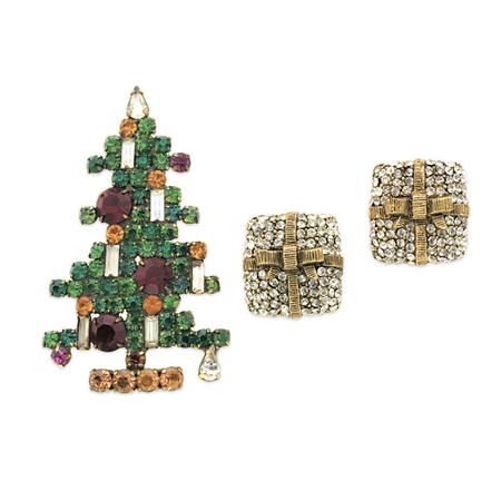 Appraisal: Weiss Christmas Tree Brooch and Pair of Wrapped Gift Earrings