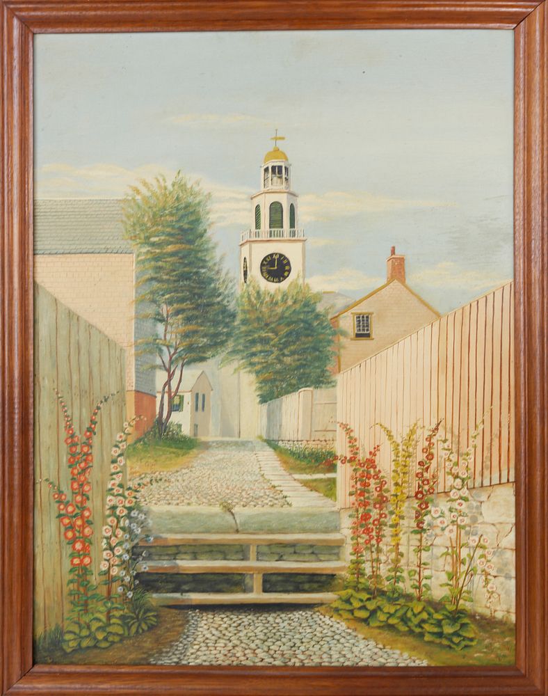 Appraisal: Lincoln J Ceely Oil on Masonite Hollyhock Along Stone Alley