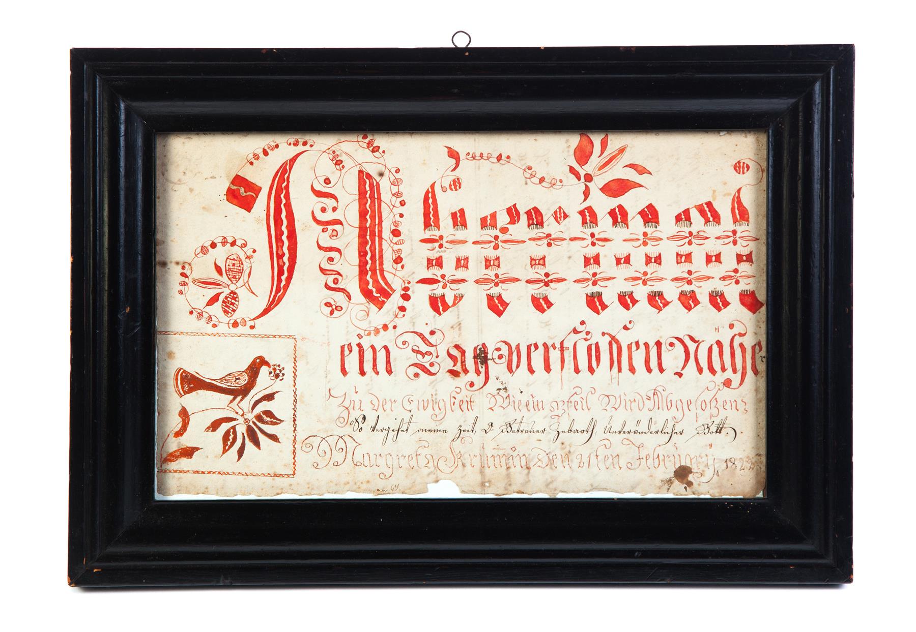 Appraisal: FRAKTUR Probably Pennsylvania Unusual red ink on paper with German