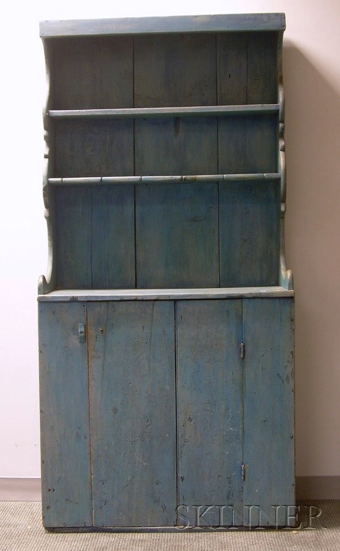 Appraisal: Blue-painted Pine Step-back Open Cupboard ht wd dp in