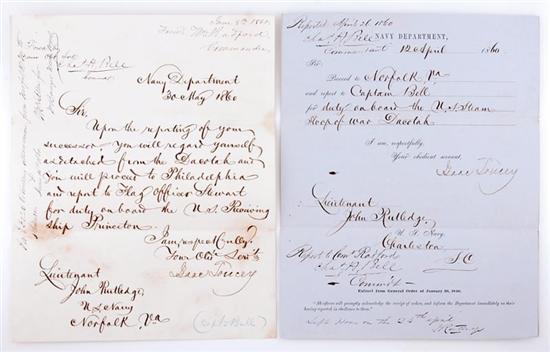 Appraisal: Documents Naval orders for Lt John Rutledge signed by US