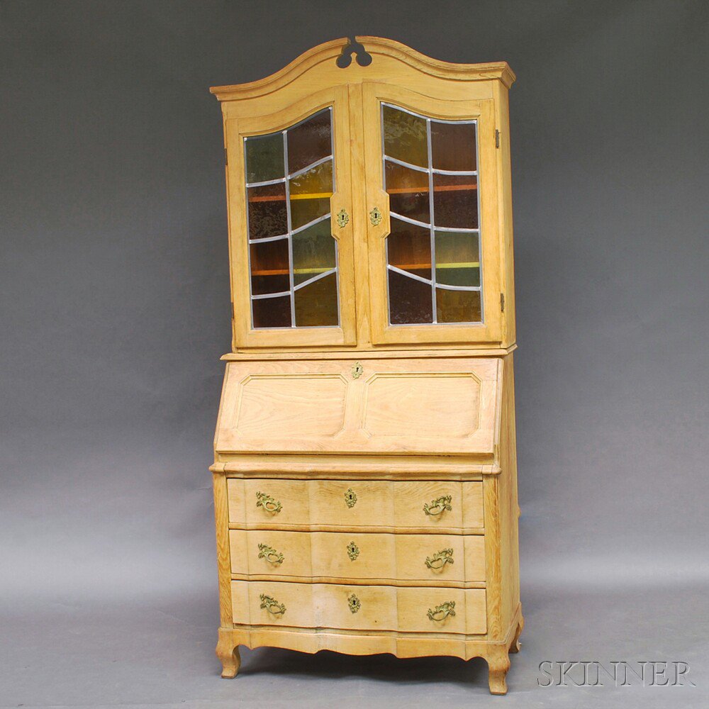 Appraisal: Georgian-style Oak Secretary and Bookcase with Leaded Glass Doors th