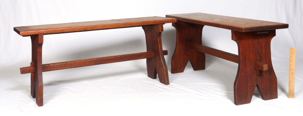 Appraisal: PAIR OF OAK BENCHES Peg through tenon construction '' h