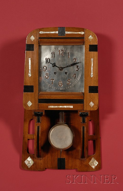 Appraisal: Austrian Secessionist Mother-of-pearl Inlaid and Part-ebonized Walnut Timepiece early th