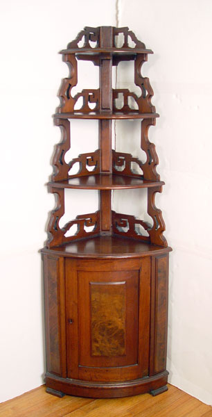 Appraisal: PART VICTORIAN CORNER ETAGERE Burled walnut panels on lower cabinet