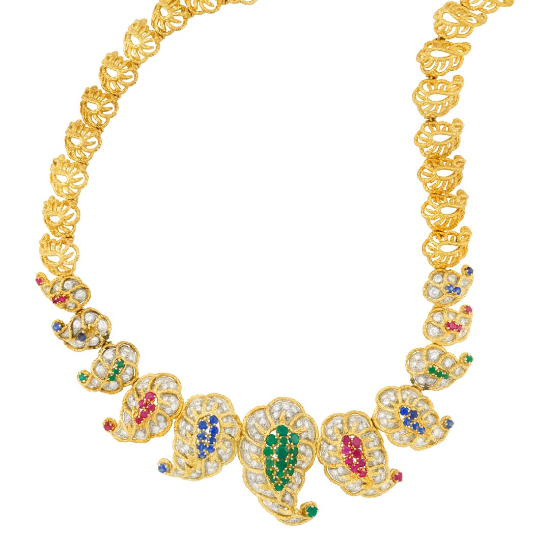 Appraisal: Two-Color Gold Diamond and Gem-Set Necklace Tiffany Co round diamonds