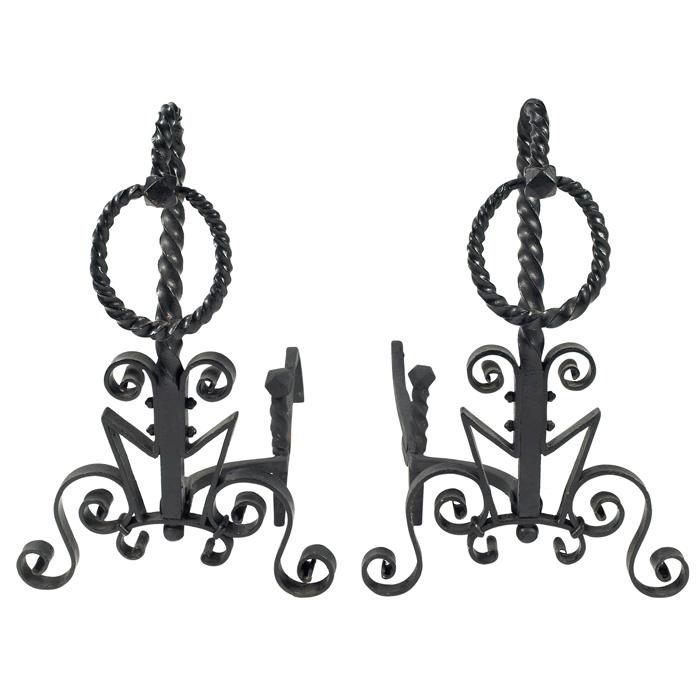 Appraisal: Arts Crafts andirons in twisted and curled wrought iron with