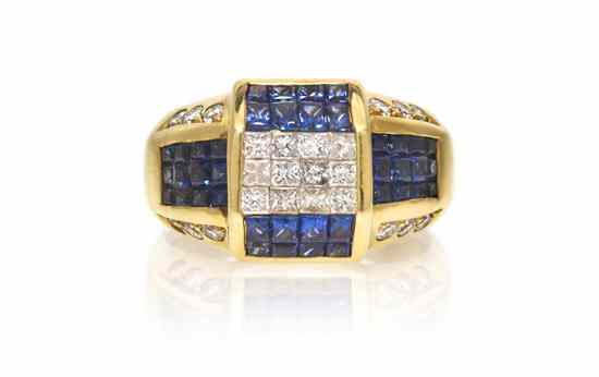 Appraisal: A Karat Yellow Gold Sapphire and Diamond Ring containing square