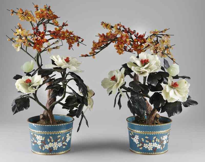 Appraisal: Pr Chinese hard stone treesin cloisonne planters the trees and