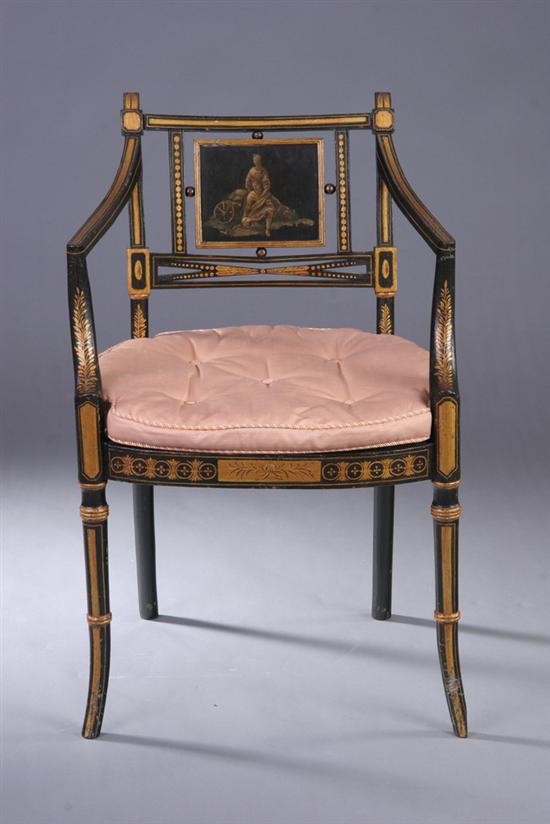 Appraisal: ENGLISH NEOCLASSICAL EBONIZED AND PARCEL-GILDED ARMCHAIR early th century Paired