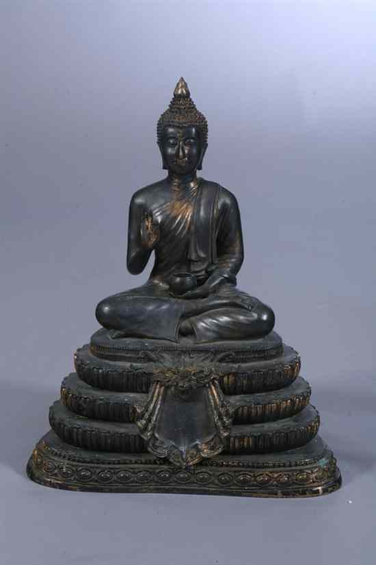 Appraisal: THAI BRONZE FIGURE BUDDHA Bangkok Period Seated in dhyanasana on