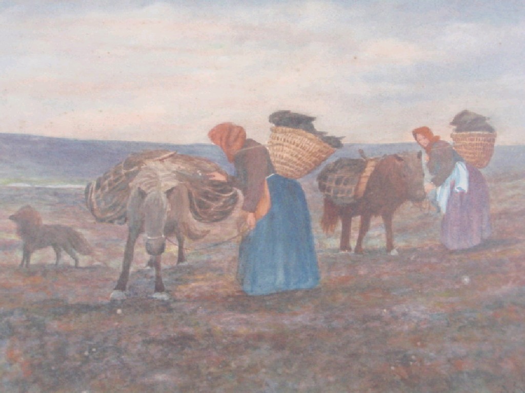 Appraisal: J Kent Moorland scene with figures and ponies watercolour cm