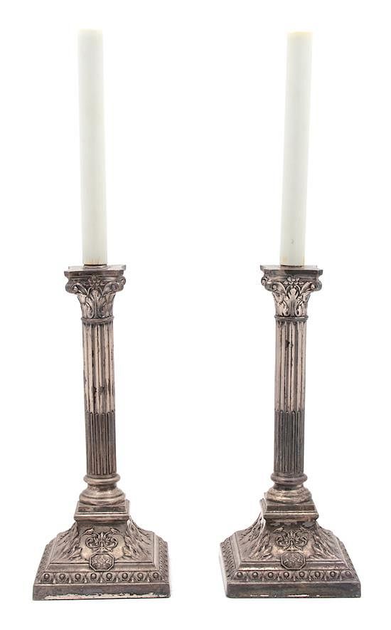 Appraisal: A Pair of English Silverplate Corinthian Column-Form Candlesticks Height overall