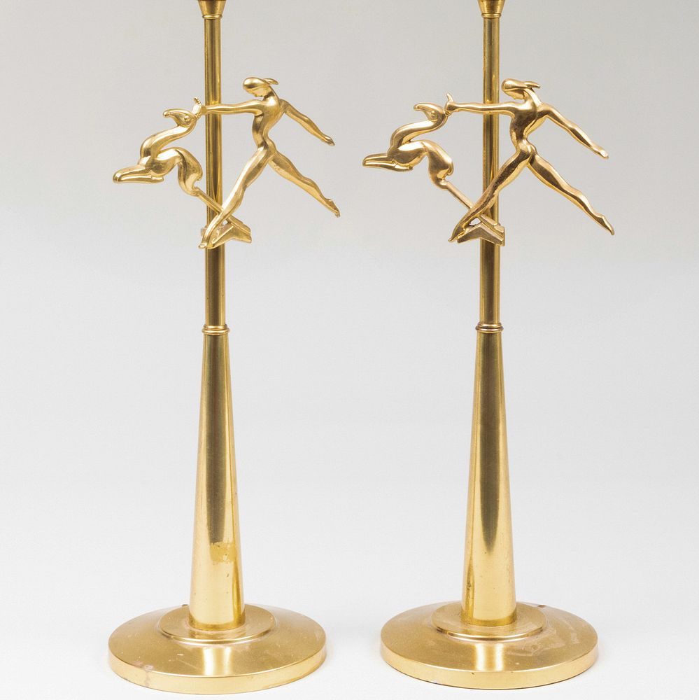 Appraisal: Pair of Art Deco Style Brass Lamps x in diam