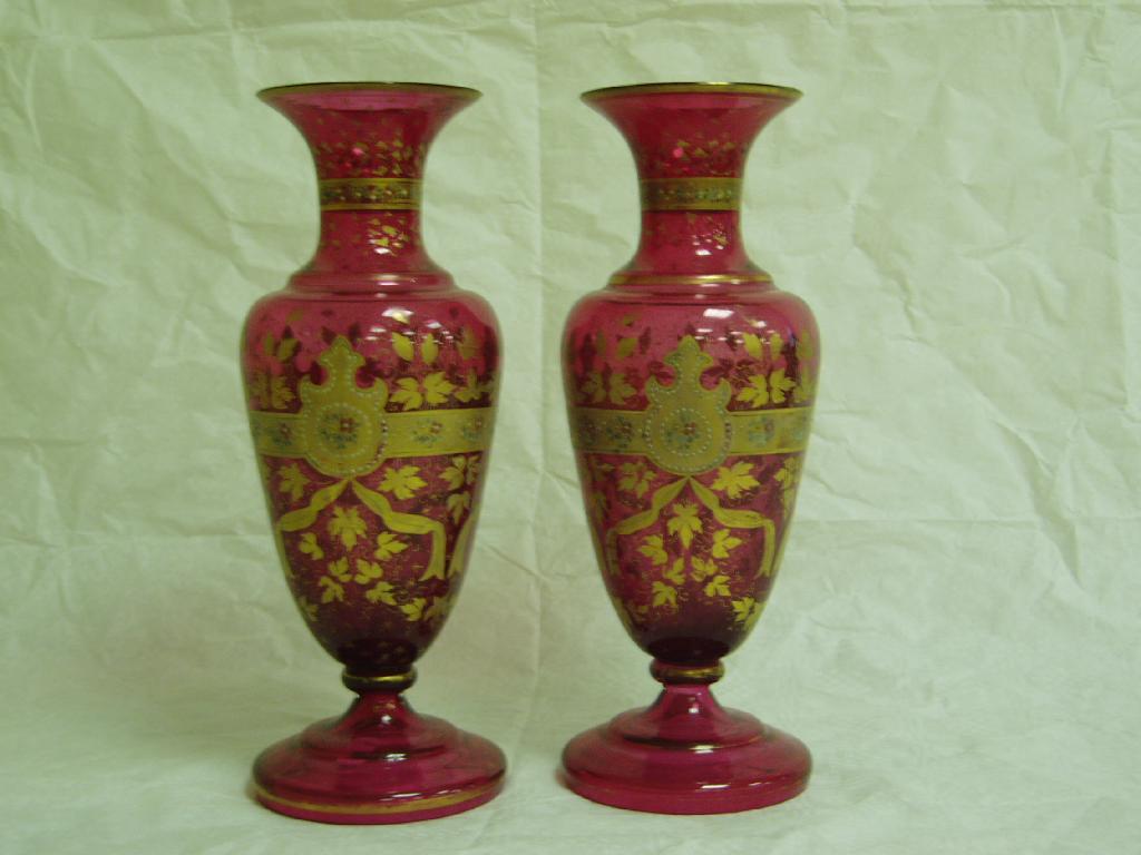 Appraisal: PAIR OF CONTINENTAL GILT AND PAINTED CRANBERRY GLASS VASES LATE