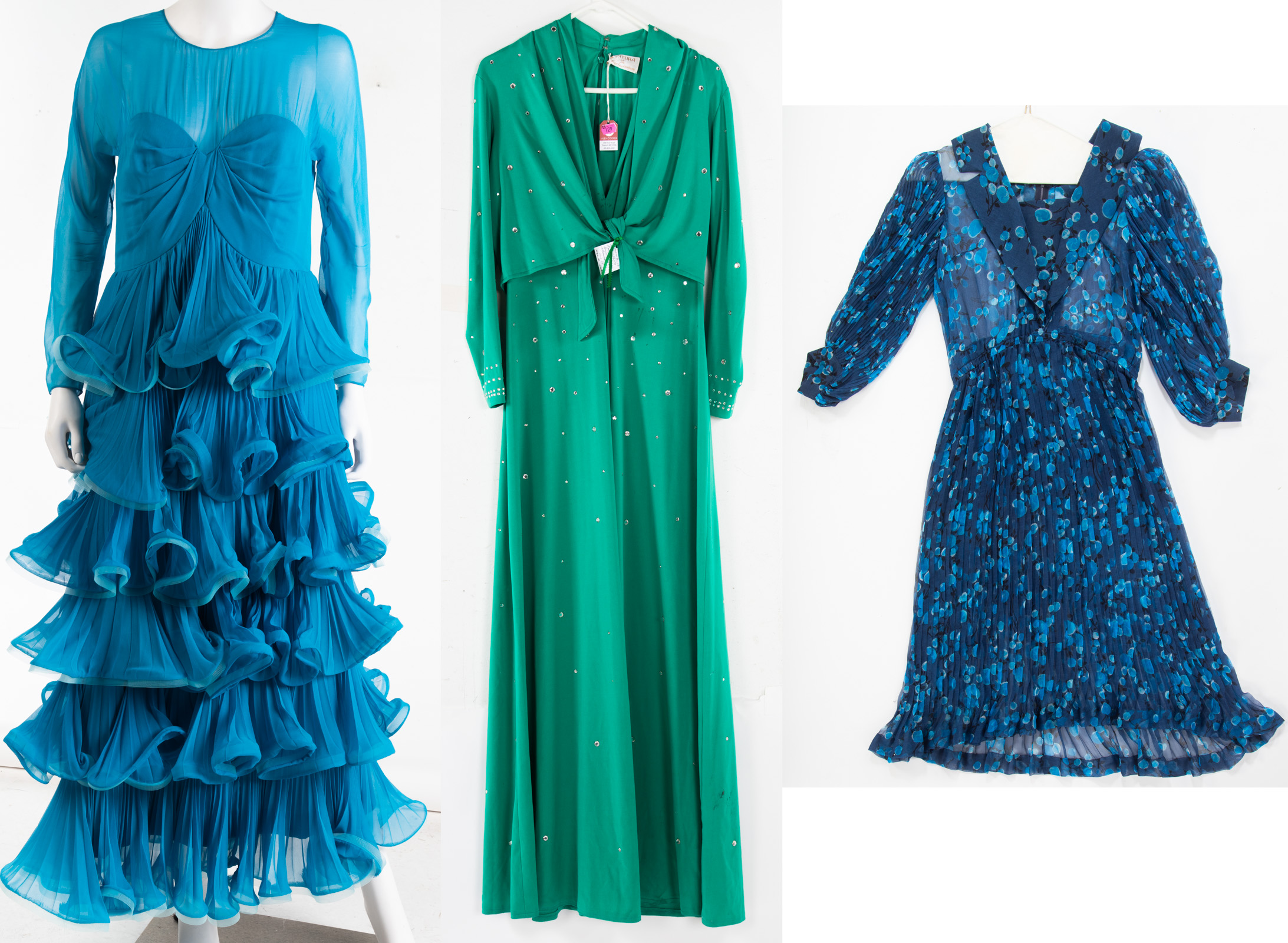 Appraisal: THREE DRESSES including vintage Aventura green and two blue silk