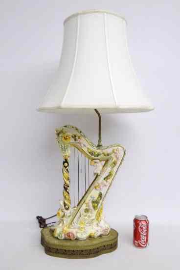 Appraisal: Vintage harp shaped Capodimonte lamp '' Overall Ht