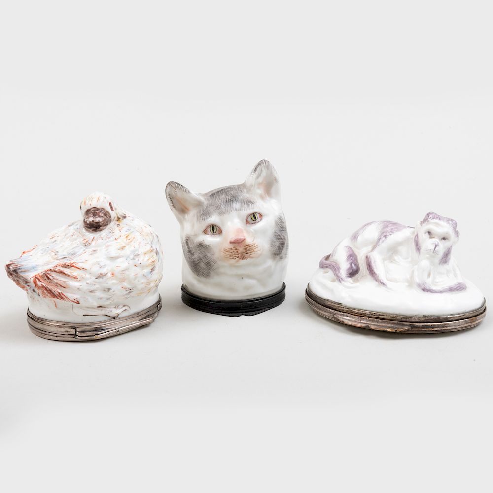 Appraisal: Samson Porcelain Cat Form Snuff Box and Two French Porcelain