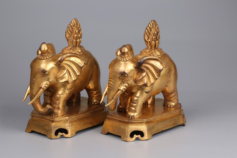 Appraisal: Pr CHINESE GOLT GILT BRONZE ELEPHANT FIGURES A pair of