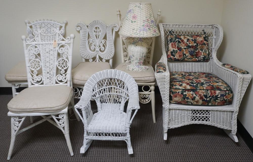 Appraisal: Collection of White Painted Wicker Furnishings Consisting of an arm