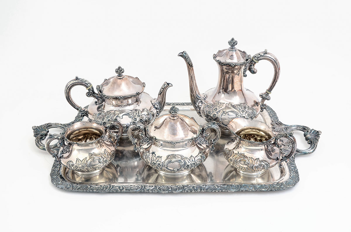 Appraisal: PIECE MERMOD JACQUARD SILVERPLATE TEA SERVICE Each piece with embossed