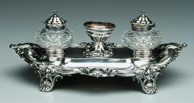 Appraisal: Silver plated ink stand oval with heavy scrolled border two