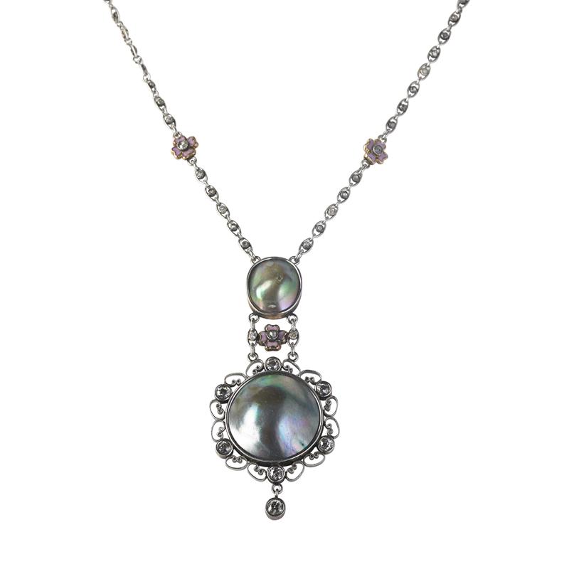 Appraisal: EDWARDIAN ABALONE PEARL DIAMOND PLATINUM LAVALIERE Round abalone blister pearl