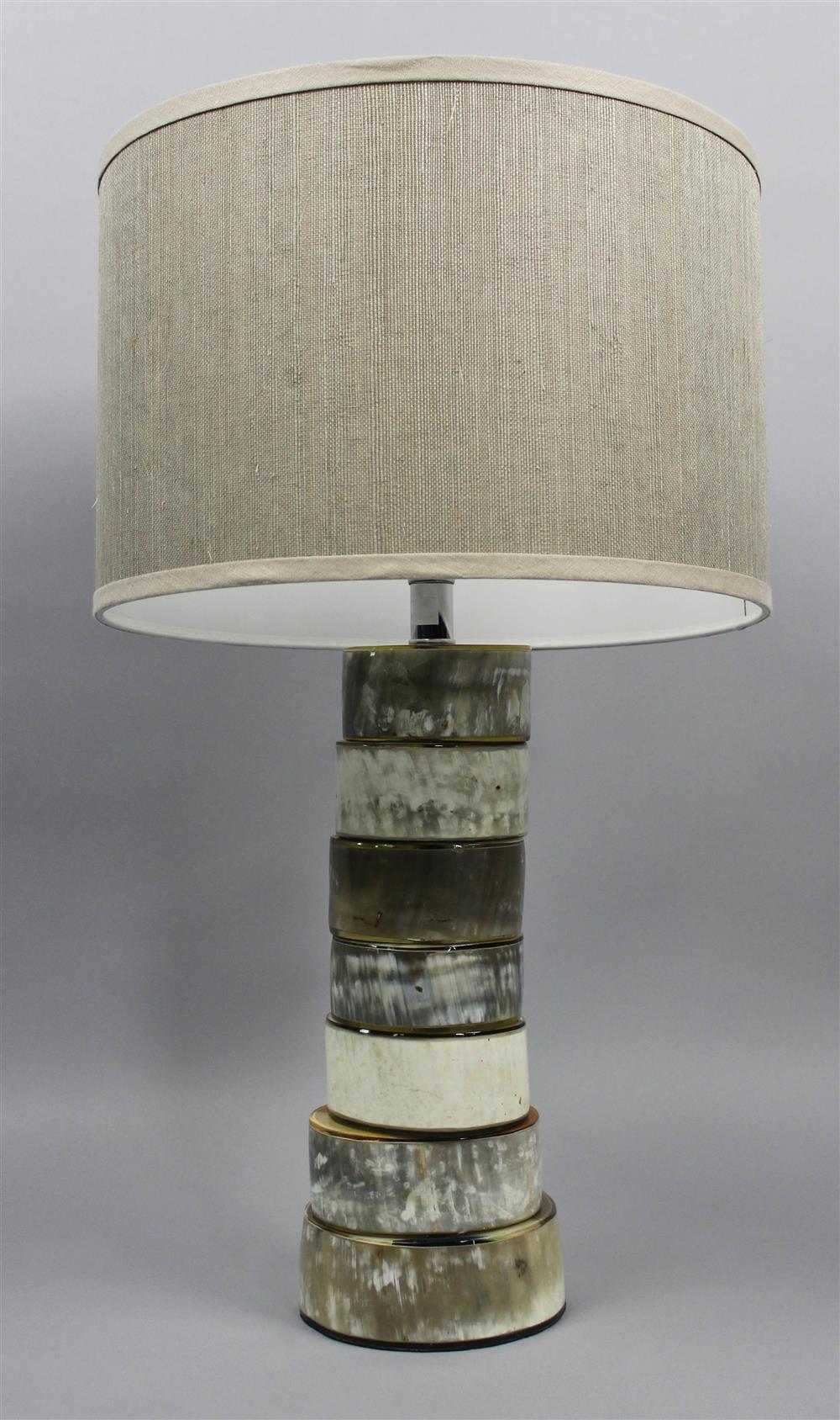 Appraisal: JAMIE YOUNG CONTEMPORARY LAMP WITH STACKED POLISHED HORN BASE drum