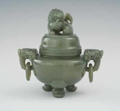 Appraisal: A Carved Jade Koro with Large Foo Dog Finial Chinese