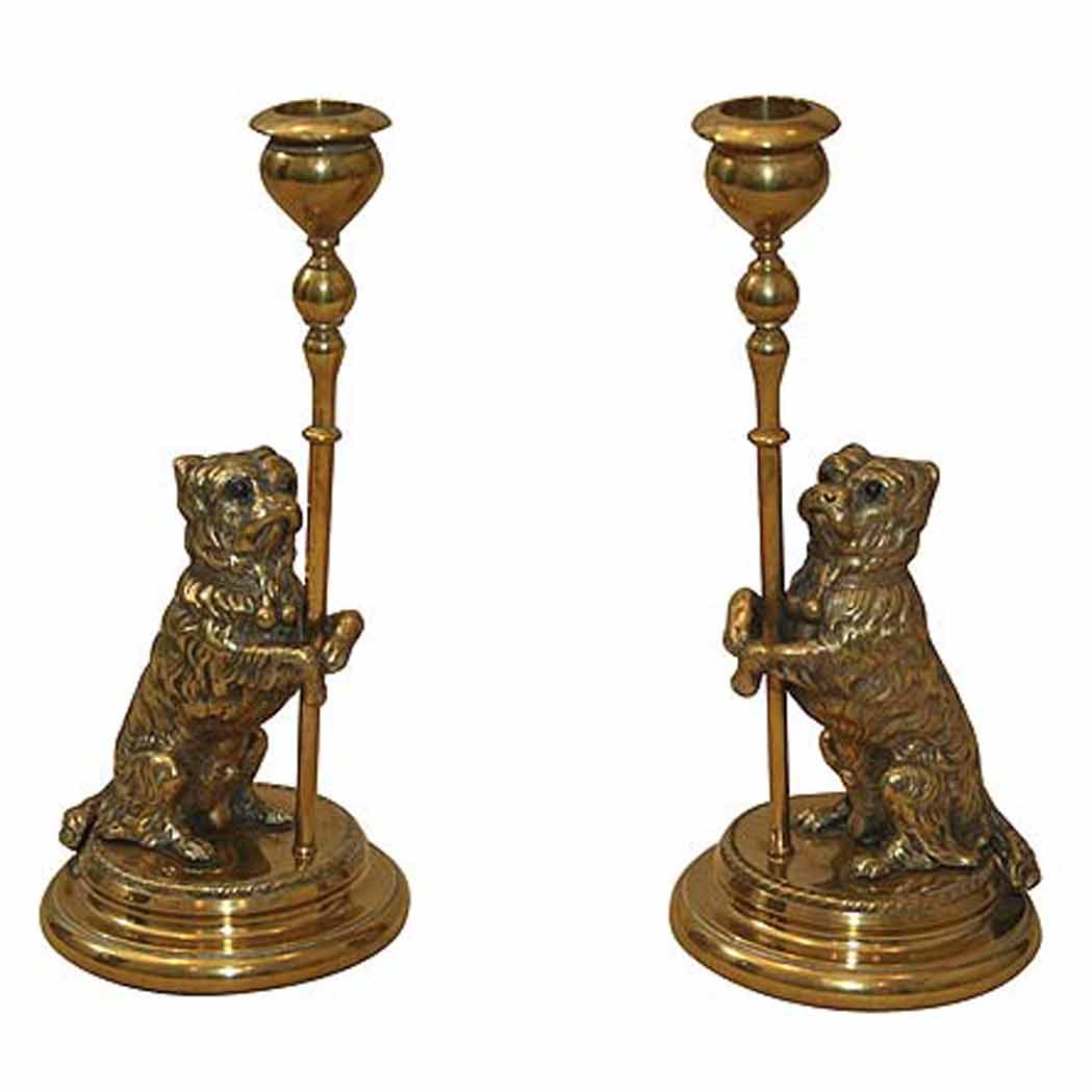 Appraisal: Pair of Victorian Brass Dog-Form Candlesticks th Century Each seated