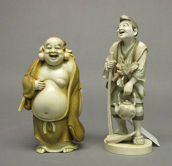 Appraisal: Two ivory figural okimono th Century The first portraying Hotei