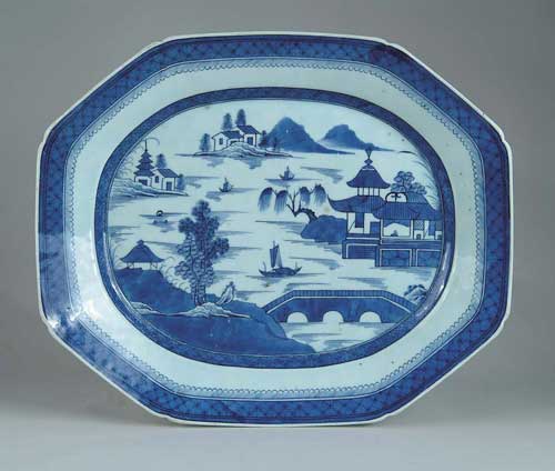 Appraisal: LARGE BLUE AND WHITE CANTON PLATTER Cut corner with rich