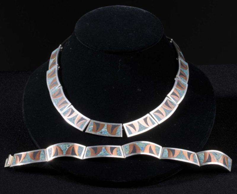 Appraisal: Taxco Sterling Silver Necklace Bracelet Description Copper and stone inlay