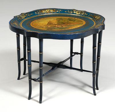 Appraisal: Painted toleware tray table cartouche-form tray with Prussian blue ground