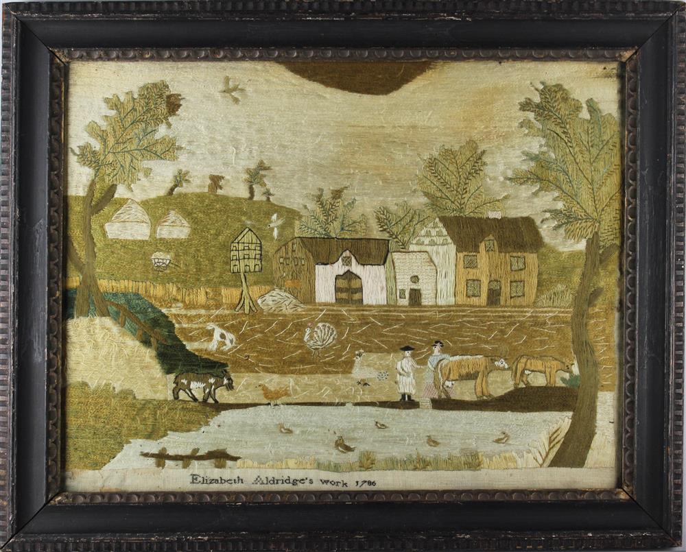 Appraisal: POSSIBLY SALEM MASSACHUSETTS SILK EMBROIDERY ELIZABETH ALDRIDGE'S WORK FIGURES ANIMALS