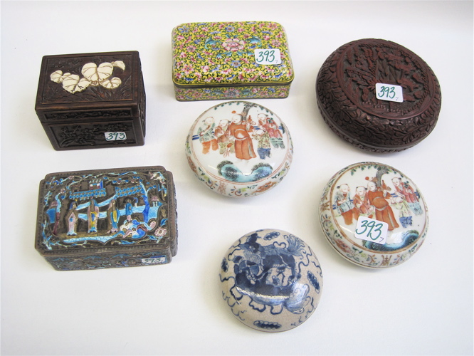 Appraisal: SEVEN SMALL CHINESE BOXES three porcelain one wood one cinnabar