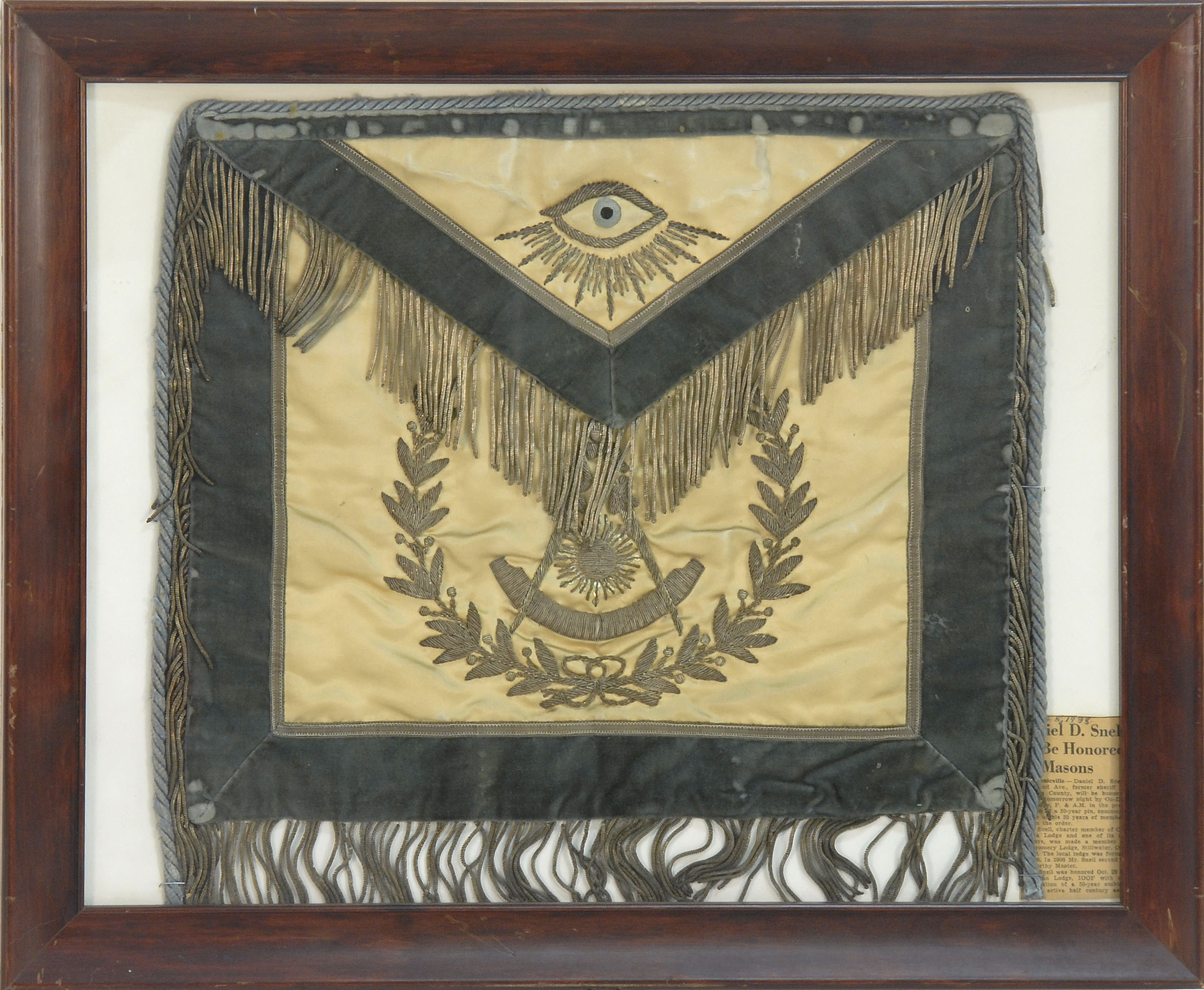 Appraisal: FRAMED MASONIC APRON th CenturyIn white satin with green velvet