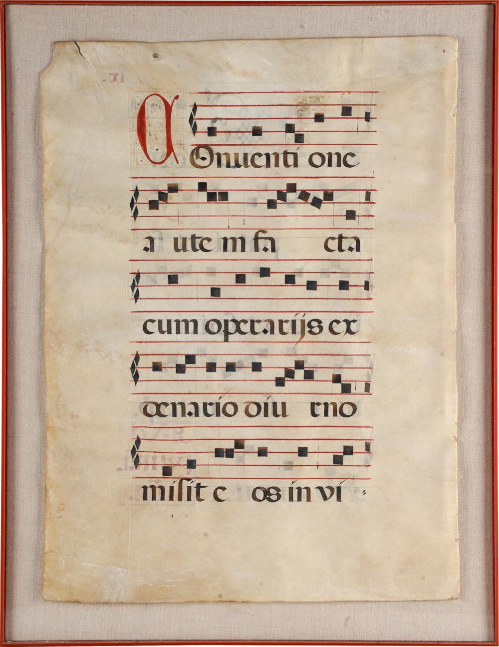 Appraisal: MUSICAL MANUSCRIPT PAGEink and color on vellum mounted to cloth