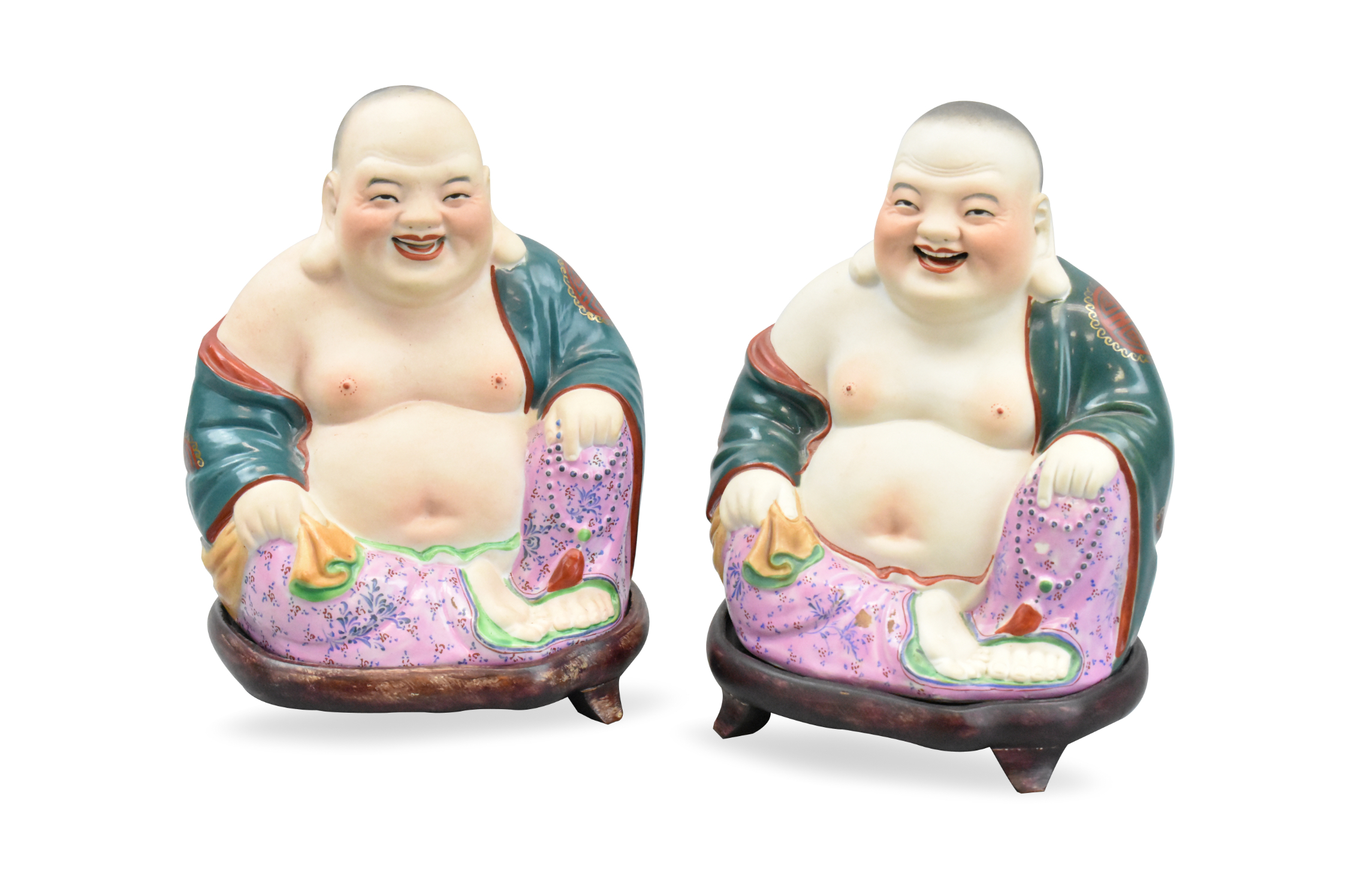 Appraisal: A pair of Chinese famille rose laughing buddas with wooden