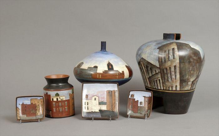 Appraisal: Six Studio Pottery Articles Each painted with streetscape signed L