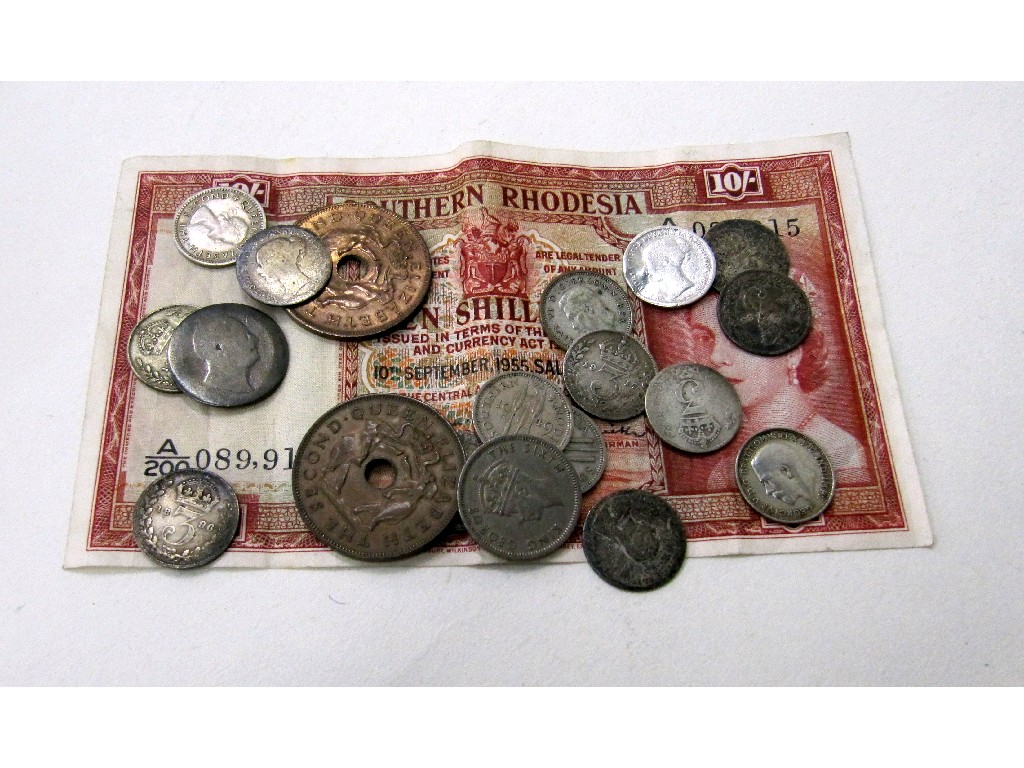 Appraisal: Box of assorted coins and a Rhodesian ten shilling note