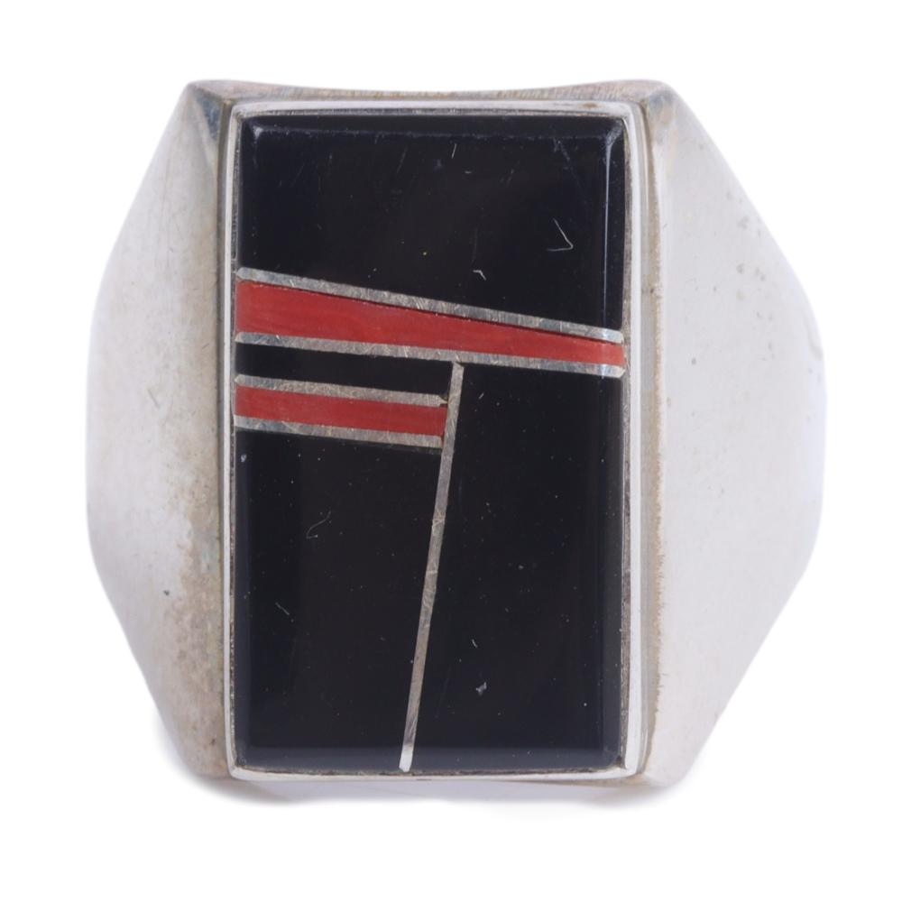 Appraisal: ZUNI NATIVE AMERICAN SIGNED STERLING SILVER RING WITH ONYX AND