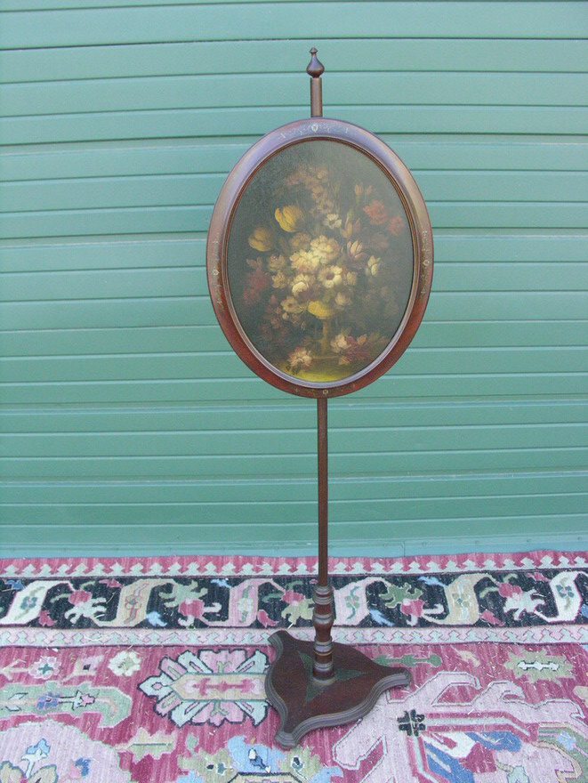 Appraisal: VICTORIAN FLORAL PAINTED CANDLE STAND Walnut Size with base Oval