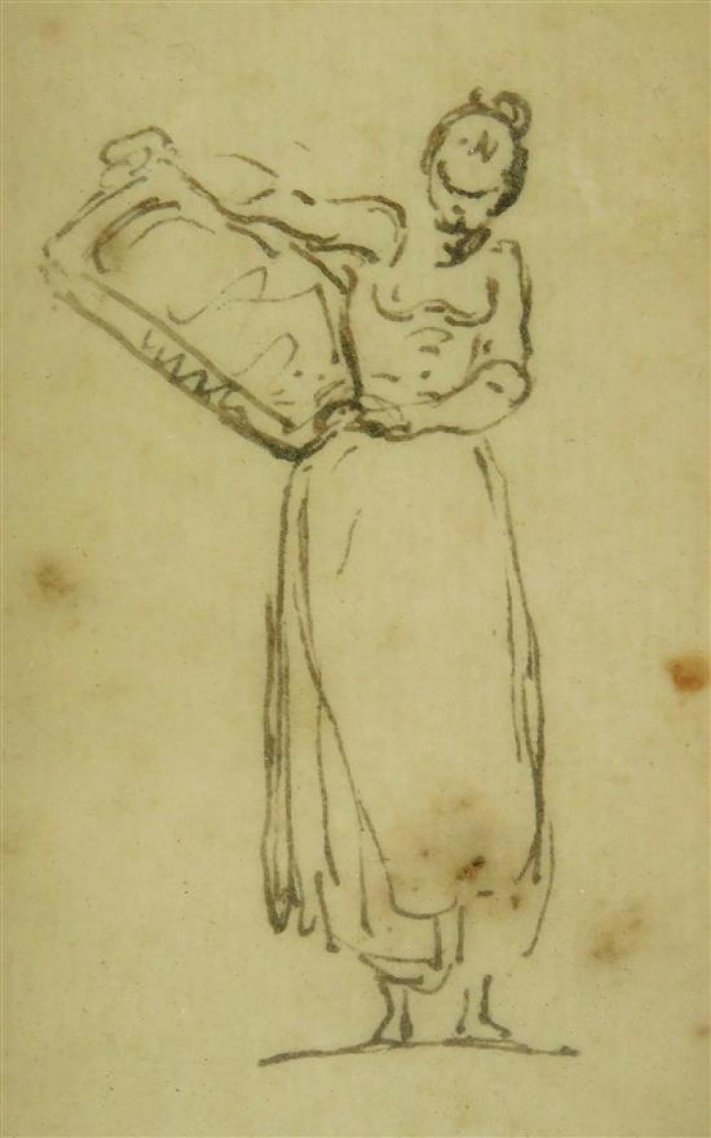 Appraisal: th C French brown ink drawing of a woman holding